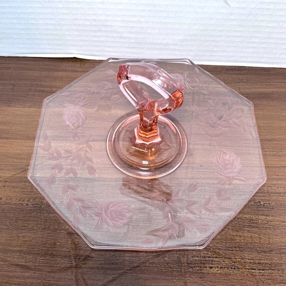 Vintage Pink Depression Glass Sandwich Server Dessert Tray Curved Handle -No Dmg